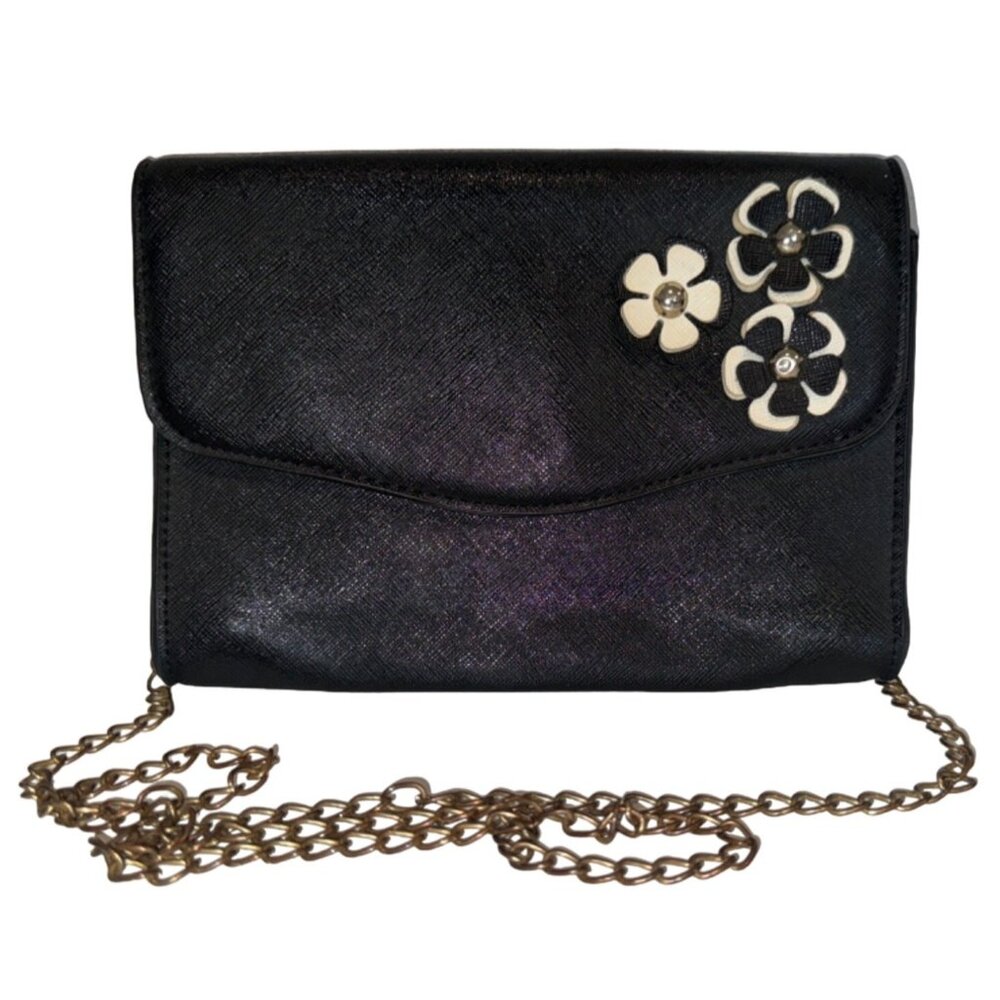 Vintage Purse Small Black Leather Flower Applique Party Cocktail Shoulder Chain